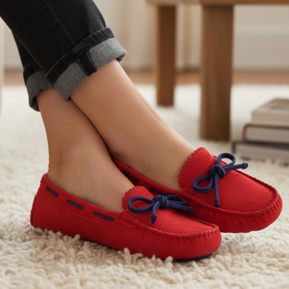 UGG Shoes - UGG Meena Women's Red Suede Shoes Moccasins Flats Navy Lace Slippers Driving